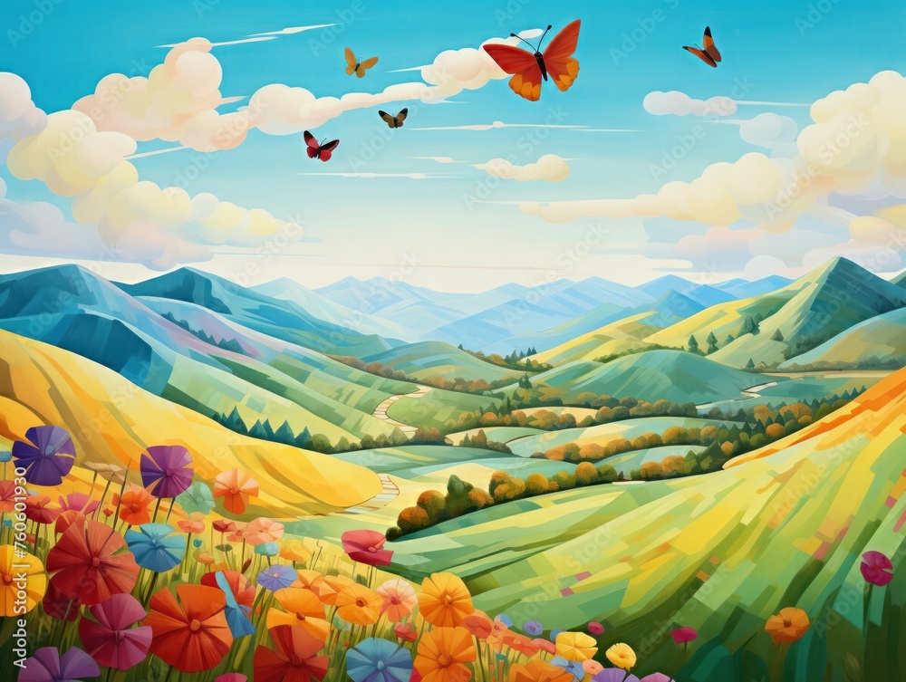 Fototapeta premium A panoramic shot of rolling hills during butterfly migration the landscape alive with color and movement as nature celebrates the change of seasons