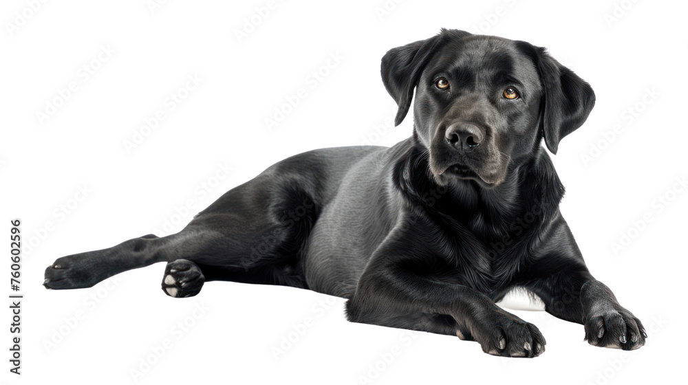Cute black Labrador puppy sitting Isolated on a transparent background.