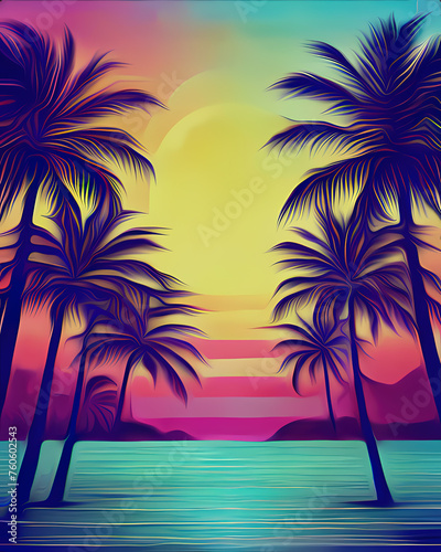 sunset, palm, beach, tree, tropical, sea, sky, ocean, silhouette, summer, sun, landscape, nature, sunrise, island, travel, palms, paradise, palm tree, hawaii, vacation, vector, illustration, water, co