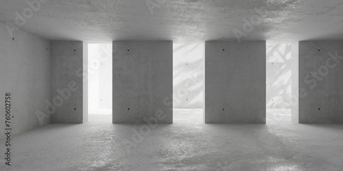 Abstract empty, modern concrete room with divided back wall, atrium with tree shadow and rough floor - industrial interior background template