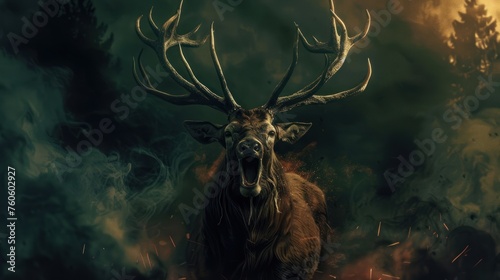 Deer with twisty antlers and artistic dark forest background.