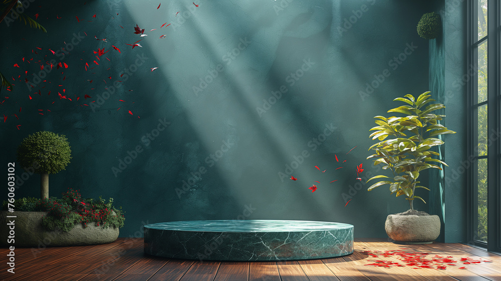 Turquoise marble podium for presentations with
background of turquoise walls and tropical trees