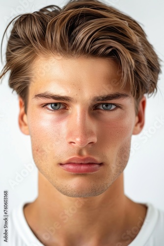 Close up of a young man with a serious expression. Suitable for business or educational concepts
