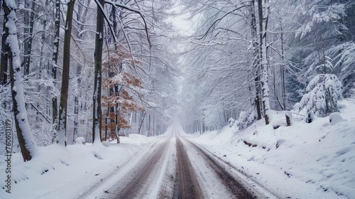 Road in the forest. Winter landscape. Snow covered trees. © Orkhan