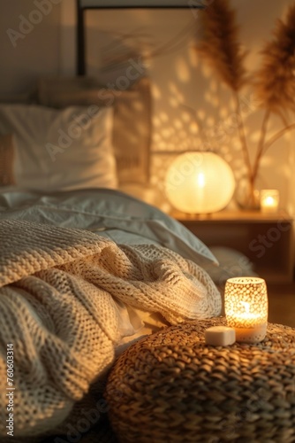 Comfortable bed with a warm candle light, perfect for home decor projects