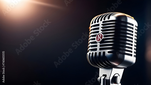 Close-up of a professional microphone on a blurred background.