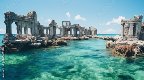 Ruins with buildings an ocean 