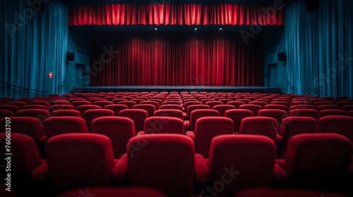 Empty cinema hall with red chairs