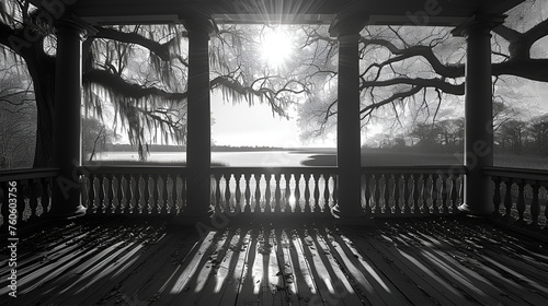 Back porch at lake house - black and white - coastal - marsh - lake - inspired by the scenery of coastal South Carolina  photo