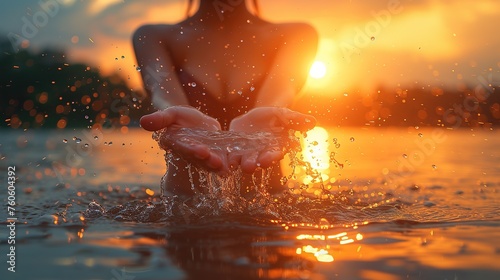 Woman hands in water with splashes of water on sunset background