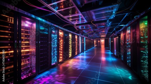 The server room in the rack with colorful lights 