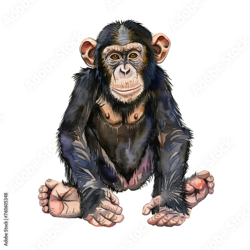 Young chimp, front view. Stylised digital watercolour isolated on white background.