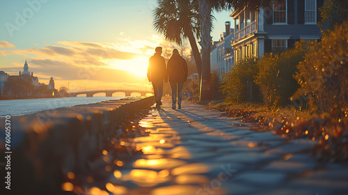 Low angle shot of a couple walking in a harbor - sunset - go9lden hour - palm trees - large houses 
