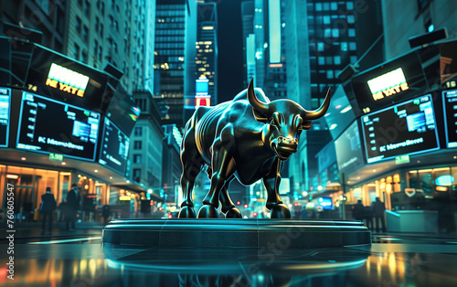 Financial Exchange and Bronze Bull Sculpture,created with Generative AI tecnology.