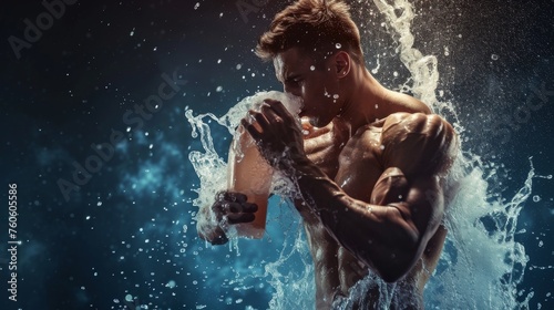 Handsome shirtless muscular sportsman splashing water from bottle