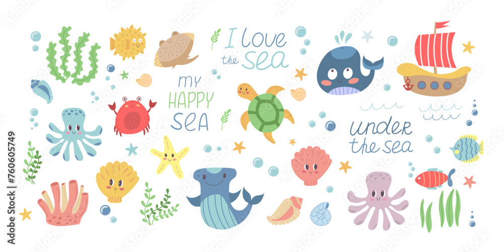 Sea life elements set. Wild marine animals big collection in flat vector style.
