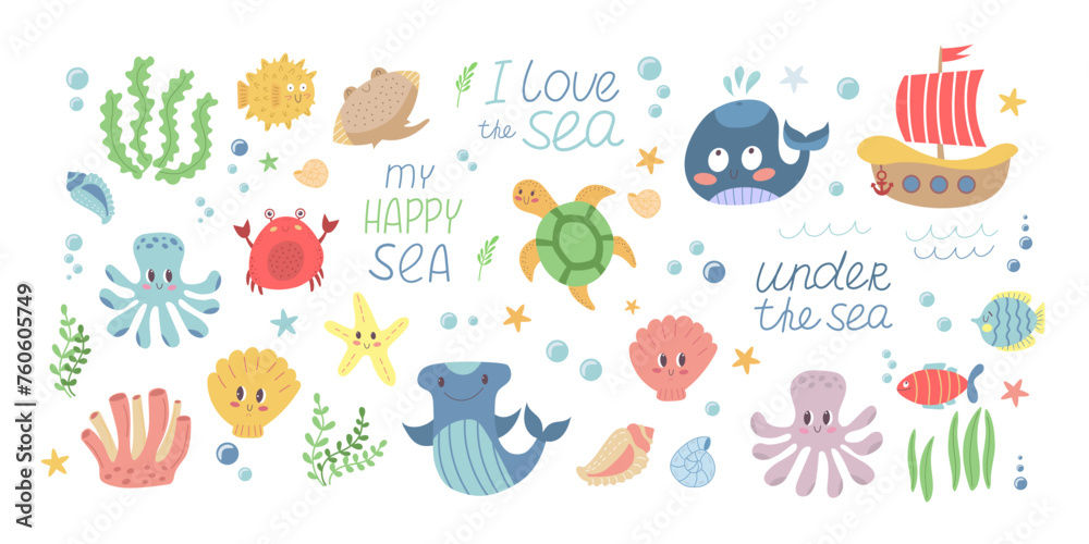 Childrens sea animals set. Wild marine animals big collection in flat vector style. Childrens sea animals set. Wild marine animals big collection in flat vector style.
