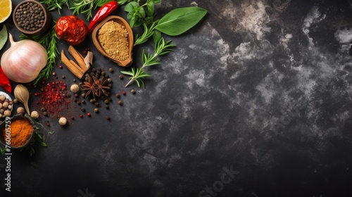 Herbs and spices cuisine on black stone marble table background photo
