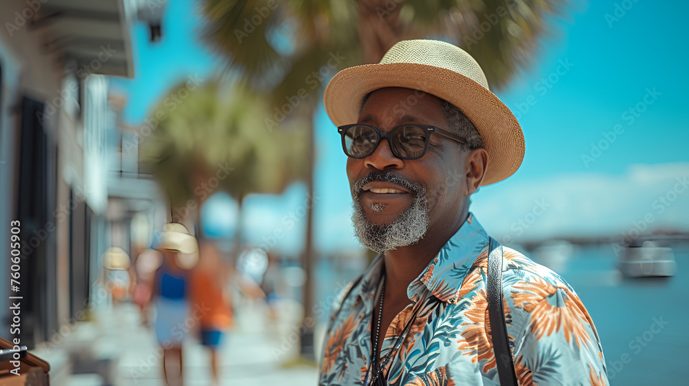 Fototapeta premium Man on vacation on the coast in a coastal historic town - casual clothing - inspired by the scenery of Charleston South Carolina 
