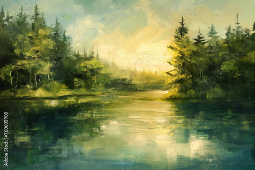 Digital painting of a forest lake with trees and reflection in water. photo