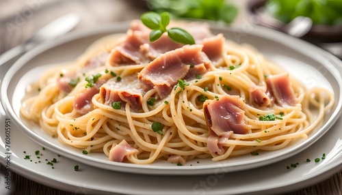 Spaghetti carbonara with ham on plate 