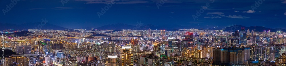 Panorama and Skyscraper and Skyline of Seoul city at night, Seoul, South Korea.