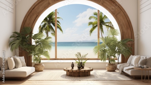 Tropical view of a room with an arch window
