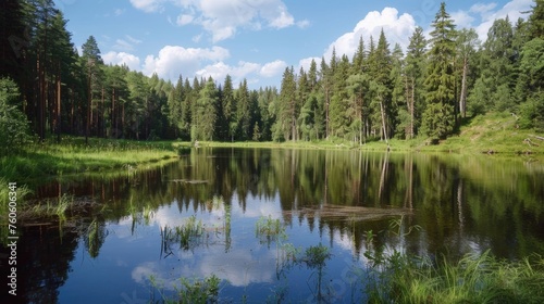 Peaceful lake surrounded by tall green trees. Ideal for nature and outdoor themed projects