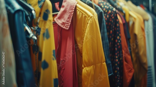 Colorful shirts hanging on a clothes rack, perfect for fashion and retail concepts