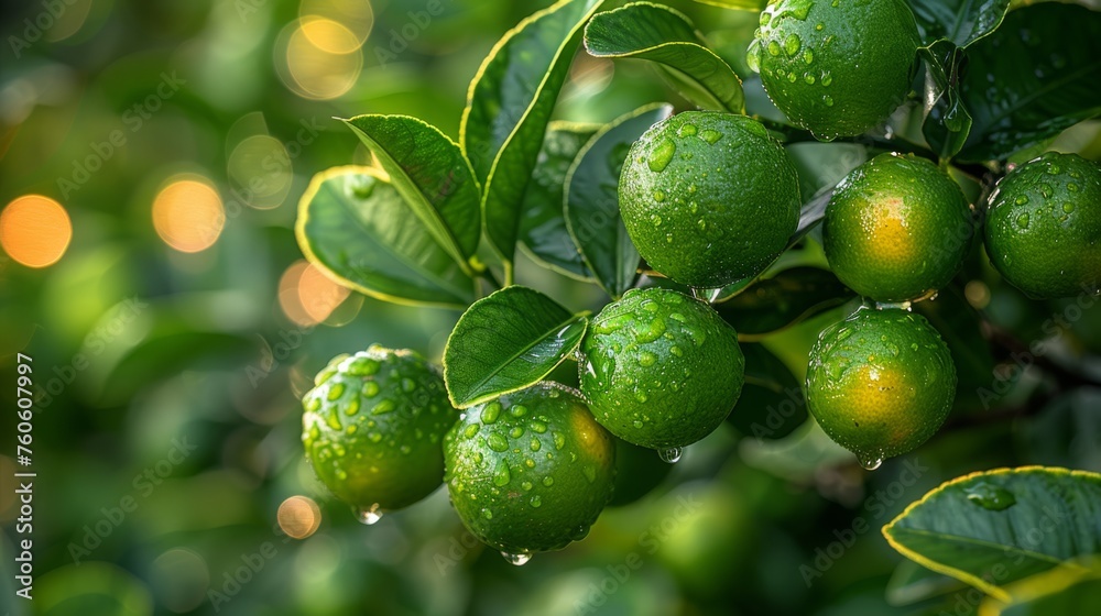 a group of limes hanging from a tree with water droplets on them and green leaves with a boke of light in the background.