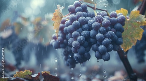  a bunch of grapes sitting on top of a tree branch in the rain with drops of water falling on them.
