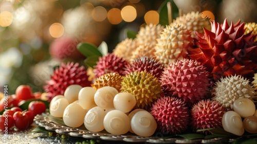  a close up of a bunch of fruit on a plate with other fruits and vegetables in front of a blurry background.