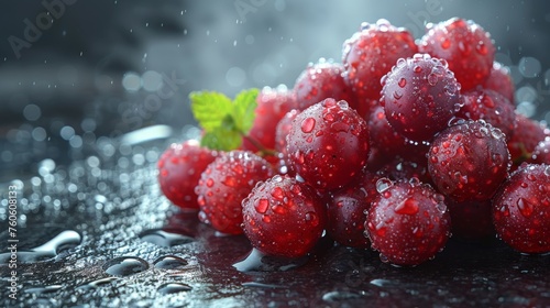  a bunch of raspberries sitting on top of a table covered in raindrops and a green leaf.