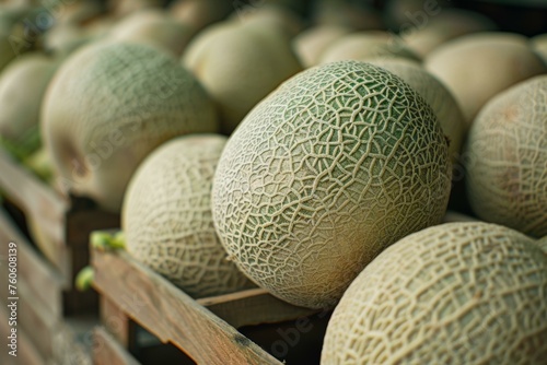 Cantaloupe melons at a market featuring fresh produce and agricultural food with a healthy natural appeal photo