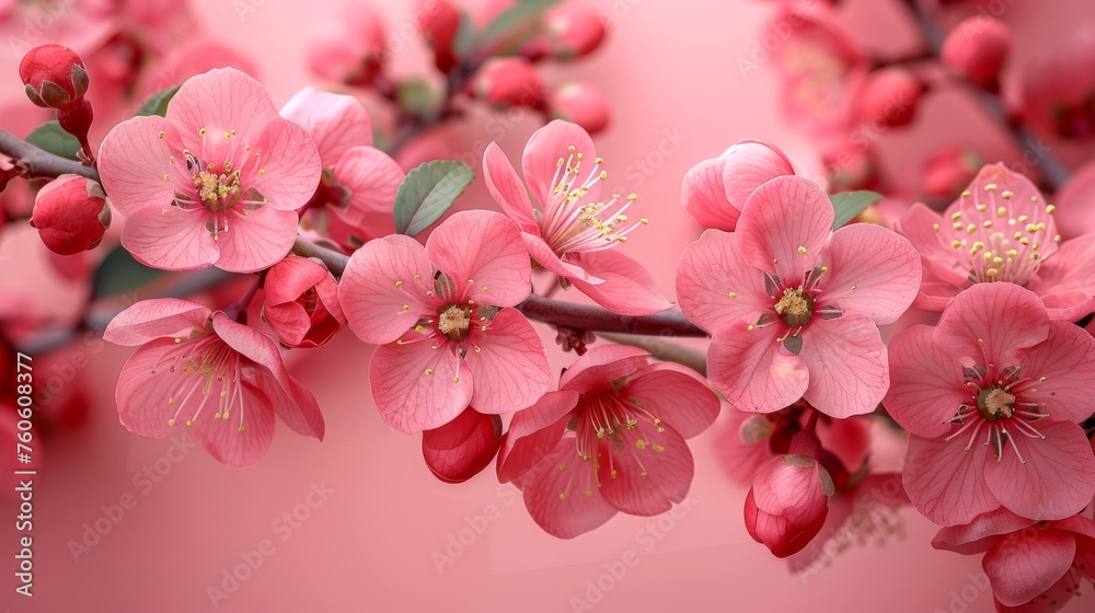 a close up of pink flowers on a branch with green leaves on a pink background with a light pink background. a close up of pink flowers on a branch with green leaves on a pink background with a light pink background.