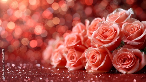  a bunch of pink roses sitting on top of a table next to a bunch of water droplets on the table.