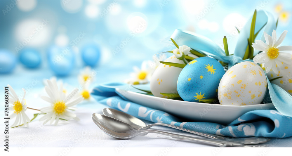 Blue and yellow Easter eggs and daisies. Blue and yellow Easter eggs and daisies.