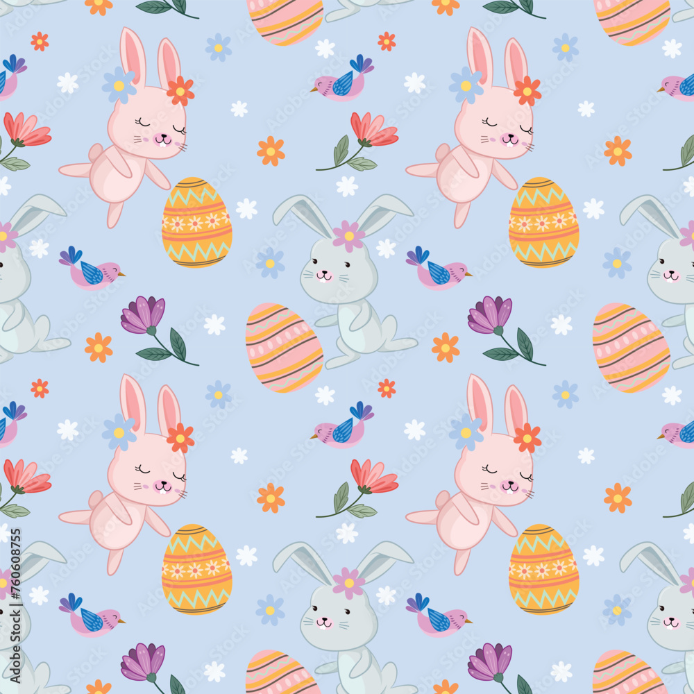 Happy Easter egg concept. Bunny with Easter egg and flowers seamless pattern for fabric textile wallpaper gift wrapping paper.