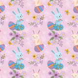 Happy Easter egg concept. Bunny with Easter egg and flowers seamless pattern for fabric textile wallpaper gift wrapping paper.