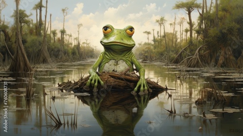 A frog or toad in a green swamp. A fabulous world, a funny, funny frog. © Cherkasova Alie