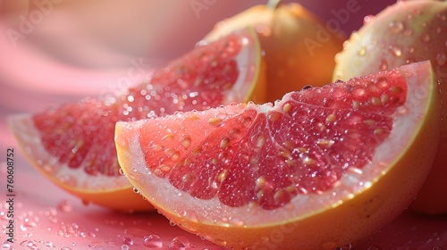  a close up of a grapefruit cut in half on a pink surface with water droplets on the surface.