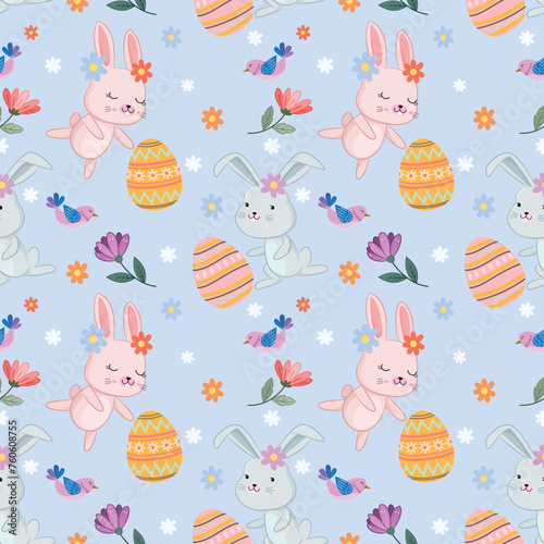 Happy Easter egg concept. Bunny with Easter egg and flowers seamless pattern for fabric textile wallpaper gift wrapping paper.