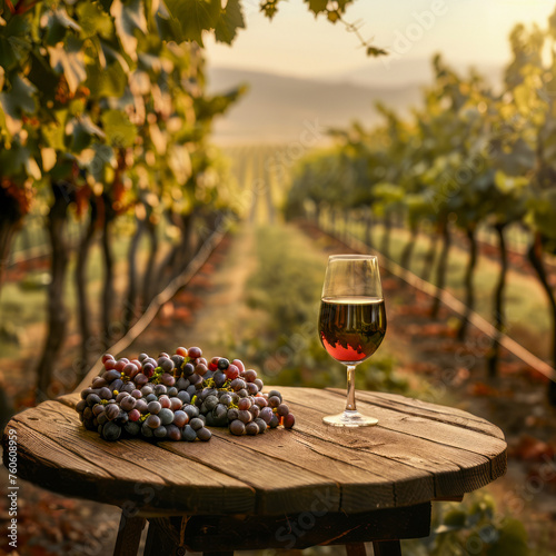A glass of red wine in a vineyard during harvest time.