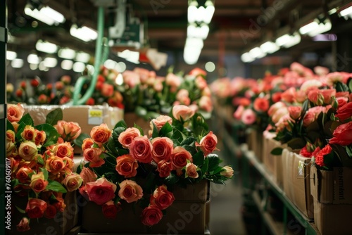 Roses in packaging facility highlighting industry warehouse and distribution in a floral agriculture setting