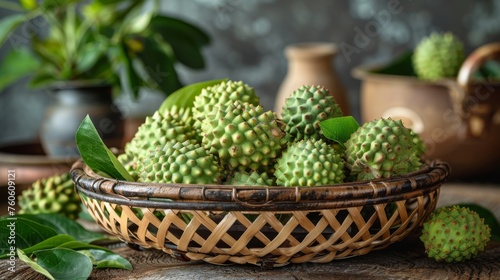 a basket filled with green fruit sitting on top of a table next to a teapot and potted plant.