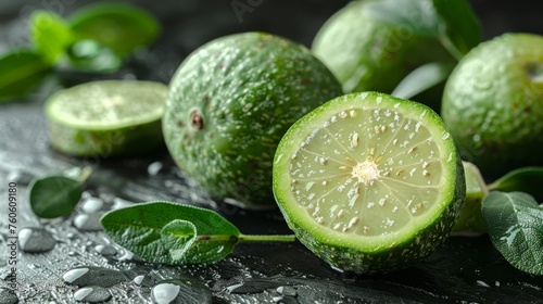  a group of limes sitting on top of a table next to green leaves and water droplets on the ground.