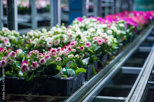 Flowers on a conveyor belt in a packaging facility demonstrate industry horticulture in an automated greenhouse setting