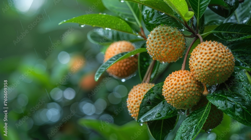 a close up of a bunch of fruit on a tree with water droplets on the leaves and drops of water on the leaves. a close up of a bunch of fruit on a tree with water droplets on the leaves and drops of water on the leaves.