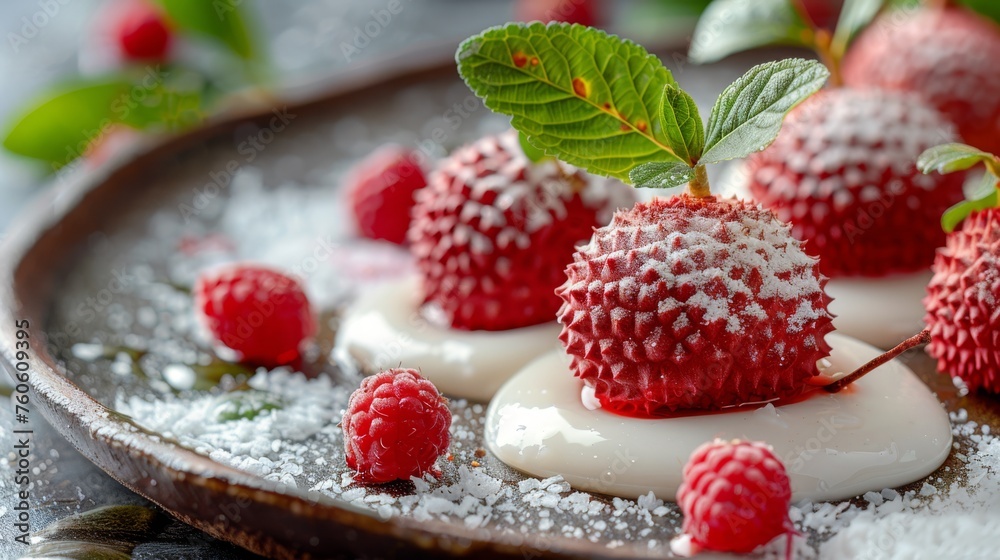 a close up of a plate of food with raspberries and whipped cream on the top of the plate. a close up of a plate of food with raspberries and whipped cream on the top of the plate.