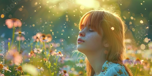 Flower pollen is a strong allergen. National Asthma and Allergy Awareness Month. A teenage girl in a field of wildflowers, pollen particles, symbolizing the onset of allergy season